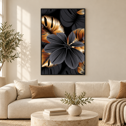 Abstract Black Copper Leaf Flower | Wall Art — square premium interior mockup, complete full frame visible with safe margin