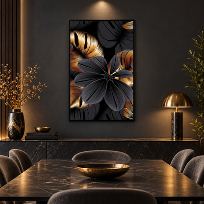 Abstract Black Copper Leaf Flower | Wall Art — square premium interior mockup, complete full frame visible with safe margin
