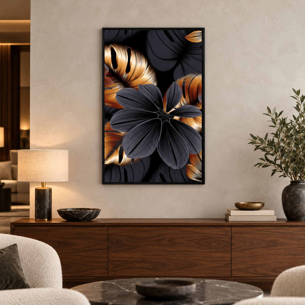 Abstract Black Copper Leaf Flower | Wall Art — square premium interior mockup, complete full frame visible with safe margin