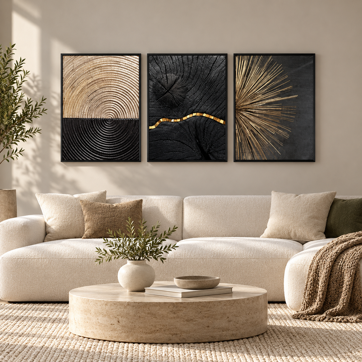 Abstract Black foil  (3panel) | Wall Art — square premium interior mockup, complete full frame visible with safe margin