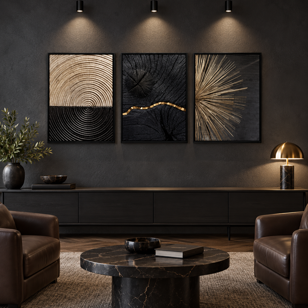 Abstract Black foil  (3panel) | Wall Art — square premium interior mockup, complete full frame visible with safe margin
