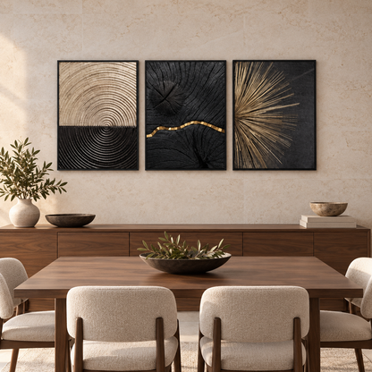 Abstract Black foil  (3panel) | Wall Art — square premium interior mockup, complete full frame visible with safe margin