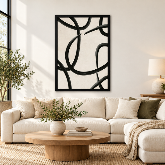 Abstract Black Paint Rings | Wall Art — square premium interior mockup, complete full frame visible with safe margin