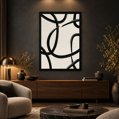 Abstract Black Paint Rings | Wall Art — square premium interior mockup, complete full frame visible with safe margin