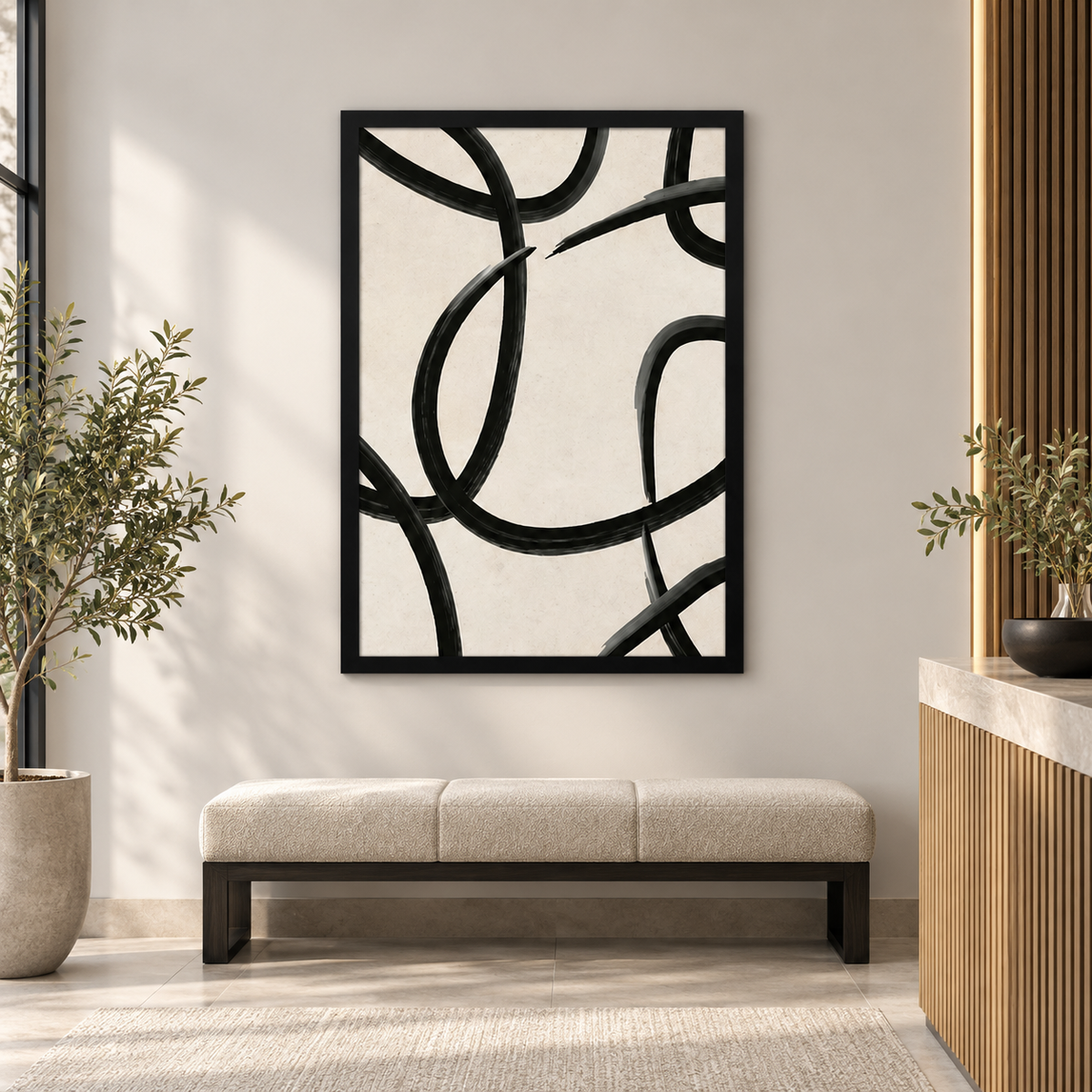 Abstract Black Paint Rings | Wall Art — square premium interior mockup, complete full frame visible with safe margin