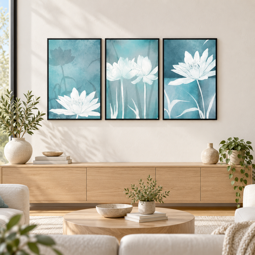 Abstract Blue Flower (3panel0 | Wall Art — square premium interior mockup, complete full frame visible with safe margin