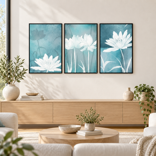 Abstract Blue Flower (3panel0 | Wall Art — square premium interior mockup, complete full frame visible with safe margin