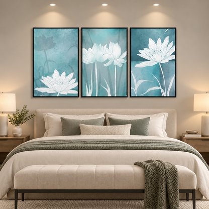 Abstract Blue Flower (3panel0 | Wall Art — square premium interior mockup, complete full frame visible with safe margin