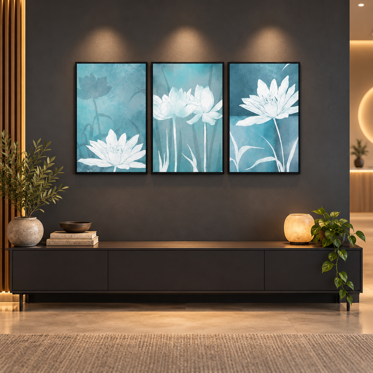 Abstract Blue Flower (3panel0 | Wall Art — square premium interior mockup, complete full frame visible with safe margin