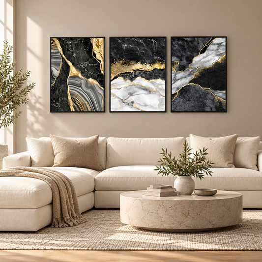 ABSTRACT GOLDEN BLACK ART – 3 PANEL SET — square premium interior mockup, complete full frame visible with safe margin