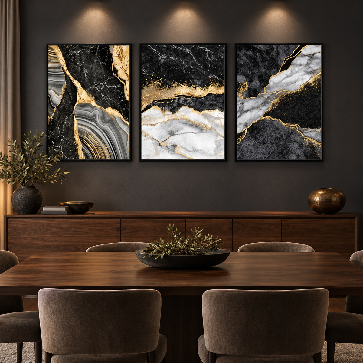 ABSTRACT GOLDEN BLACK ART – 3 PANEL SET — square premium interior mockup, complete full frame visible with safe margin