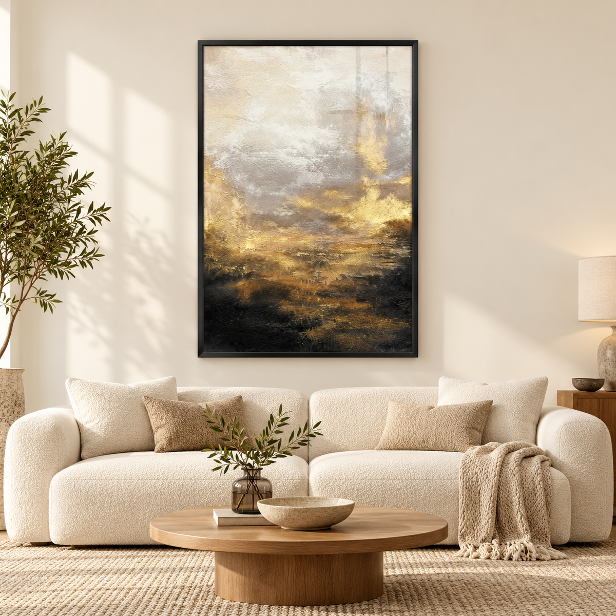 Abstract Golden Sunrise Canvas Wall Art — square premium interior mockup, complete full frame visible with safe margin