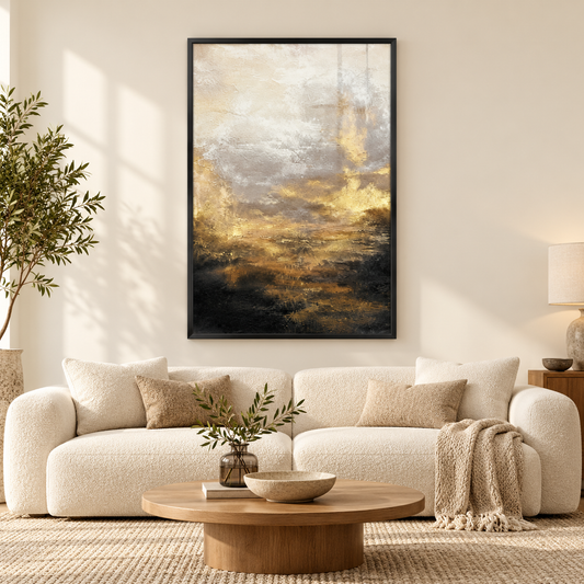 Abstract Golden Sunrise Canvas Wall Art — square premium interior mockup, complete full frame visible with safe margin