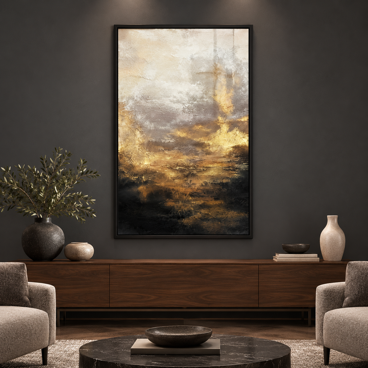 Abstract Golden Sunrise Canvas Wall Art — square premium interior mockup, complete full frame visible with safe margin