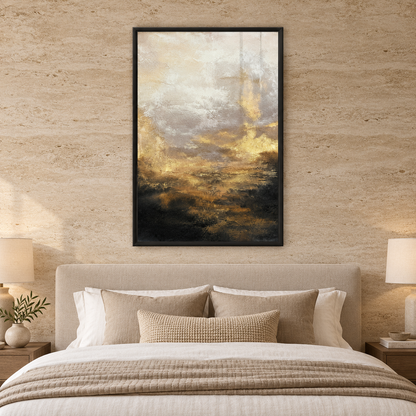 Abstract Golden Sunrise Canvas Wall Art — square premium interior mockup, complete full frame visible with safe margin