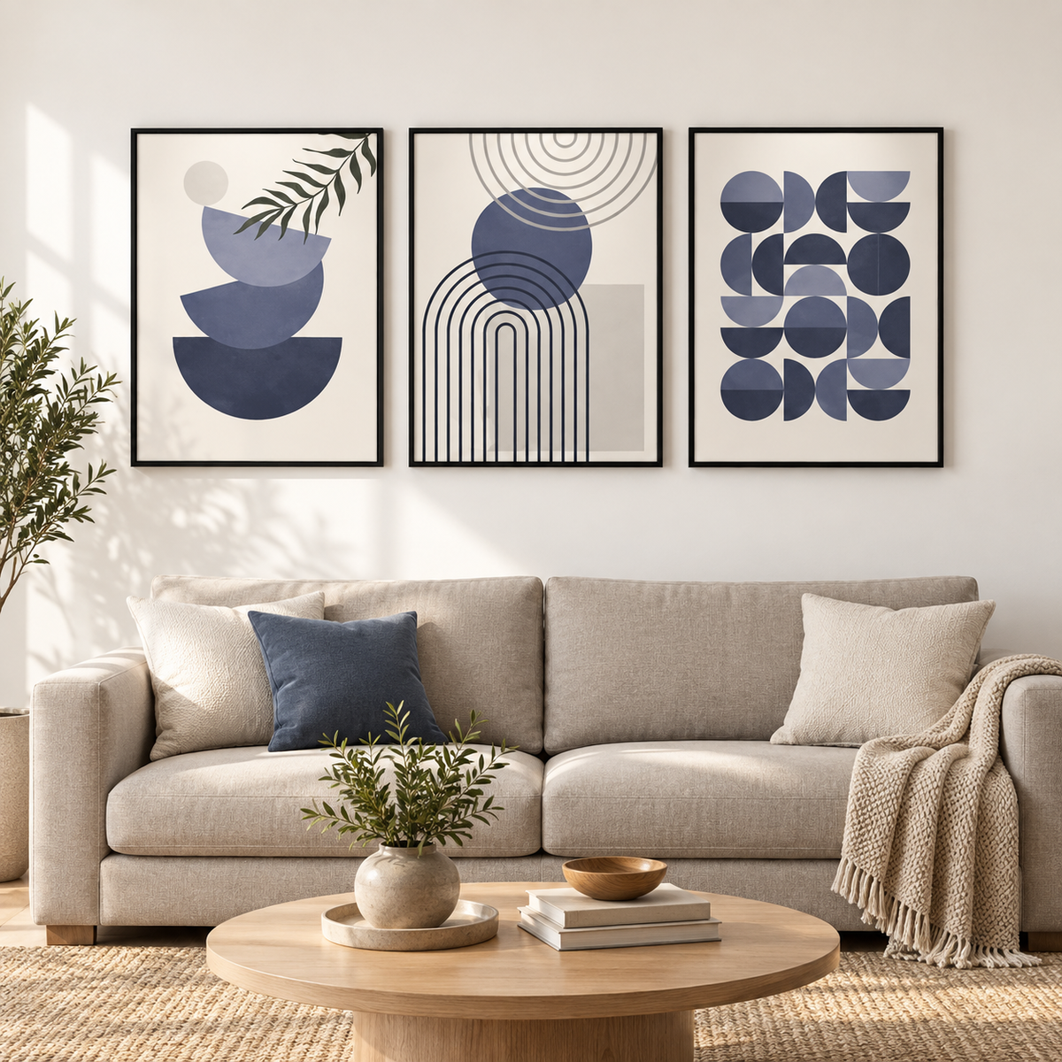 Abstract Trendy Geometric Patterns Bundle (3panel) | Wall Art — square premium interior mockup, complete full frame visible with safe margin