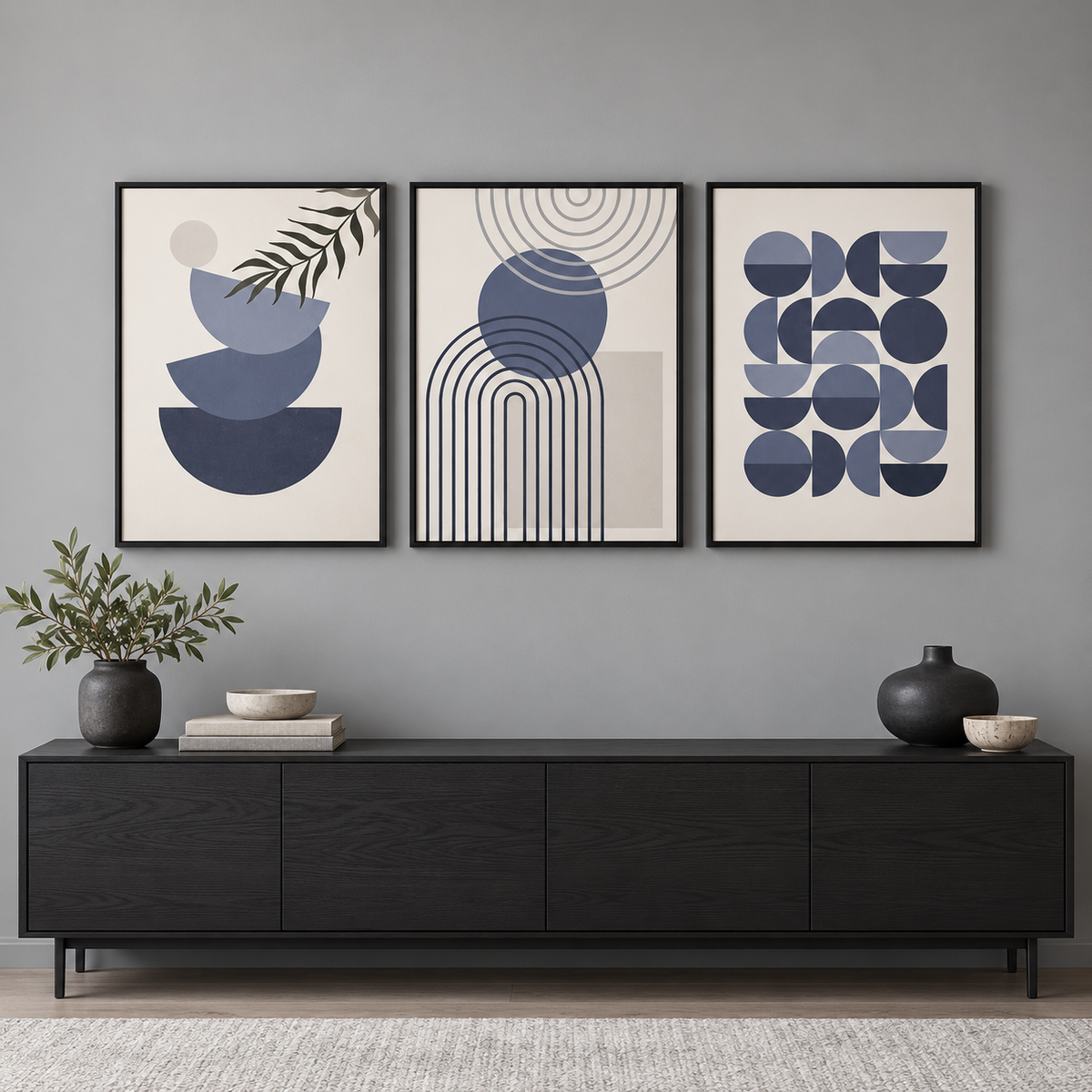 Abstract Trendy Geometric Patterns Bundle (3panel) | Wall Art — square premium interior mockup, complete full frame visible with safe margin