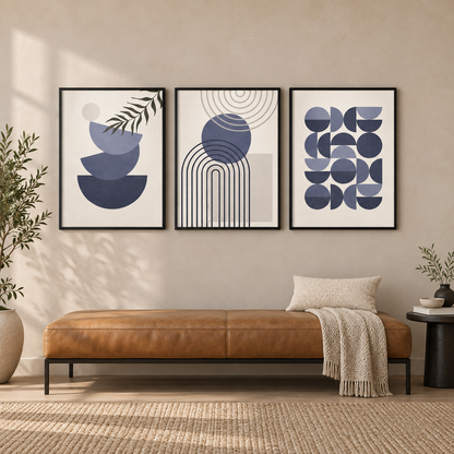 Abstract Trendy Geometric Patterns Bundle (3panel) | Wall Art — square premium interior mockup, complete full frame visible with safe margin