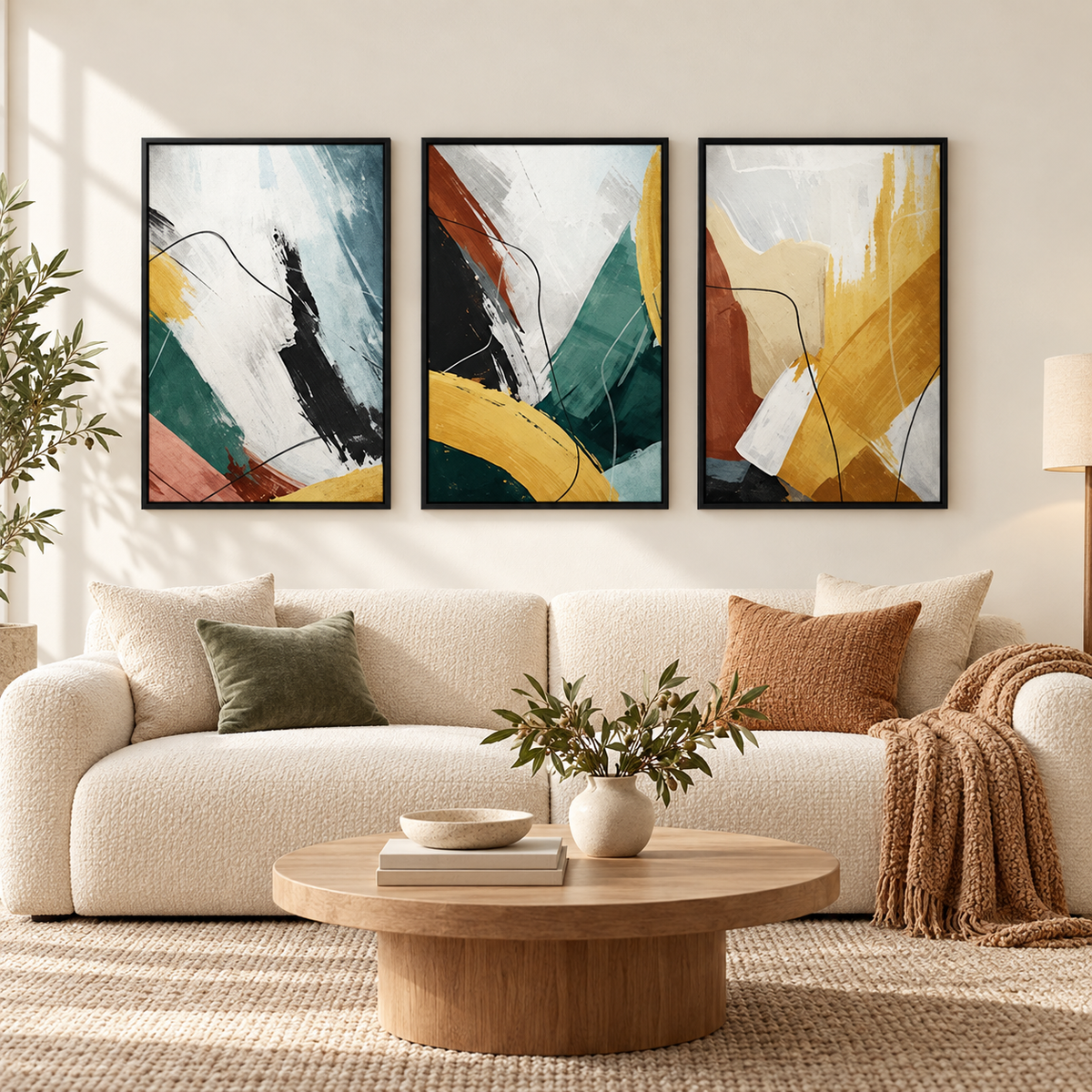 Abstract Yellow Modular (3panel) | Wall Art — square premium interior mockup, complete full frame visible with safe margin