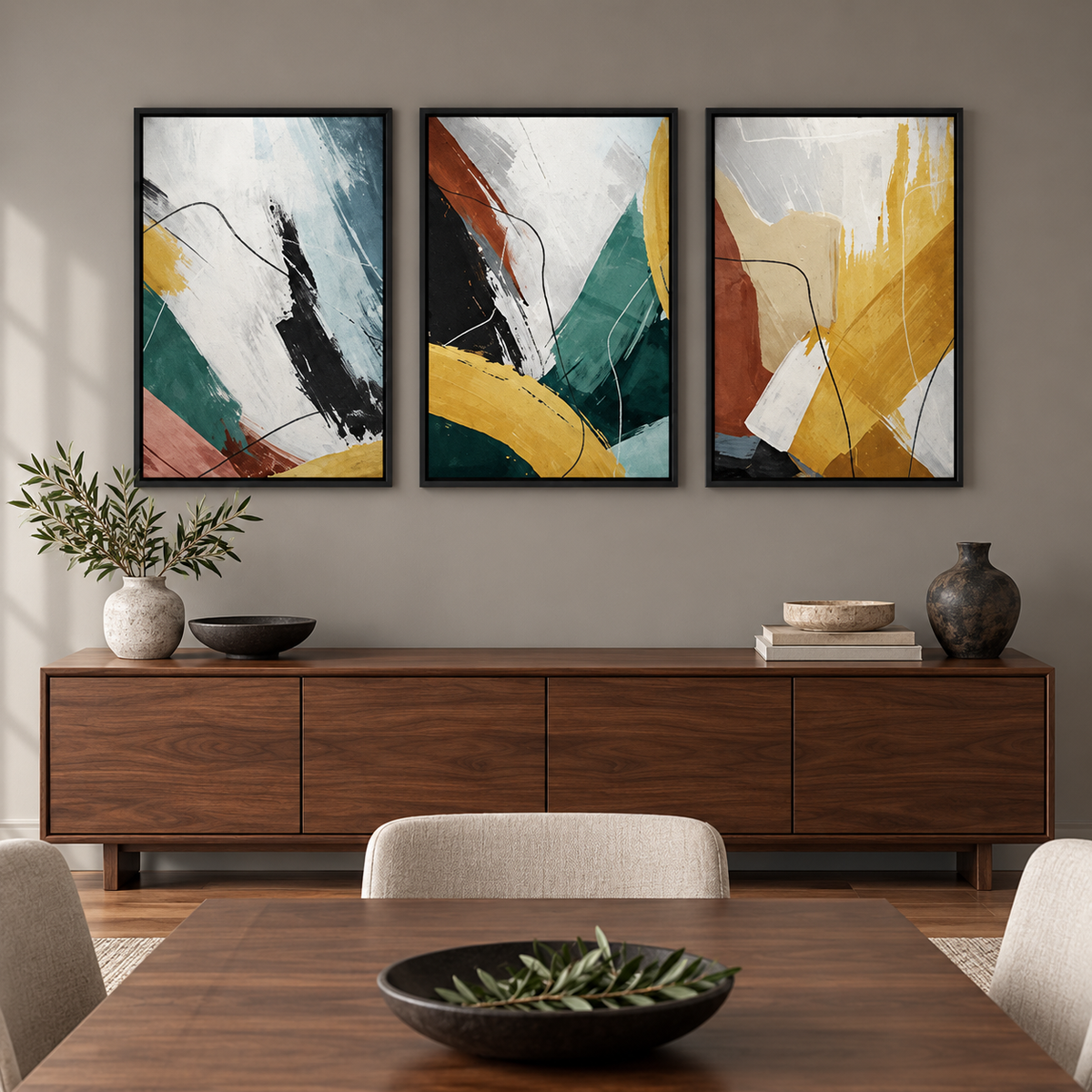 Abstract Yellow Modular (3panel) | Wall Art — square premium interior mockup, complete full frame visible with safe margin