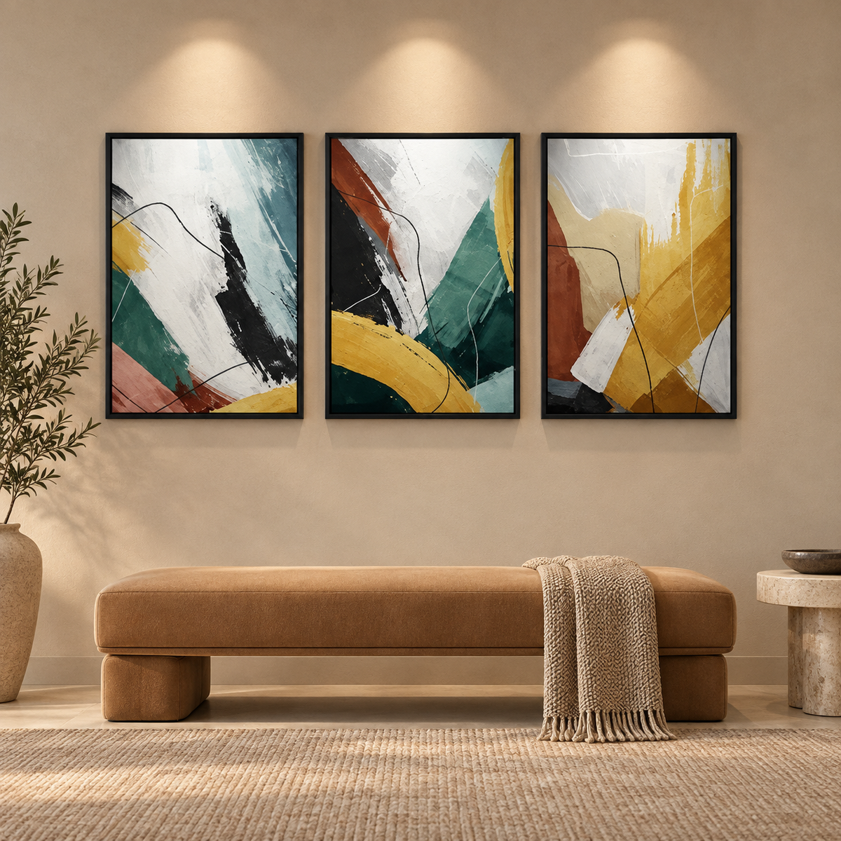 Abstract Yellow Modular (3panel) | Wall Art — square premium interior mockup, complete full frame visible with safe margin