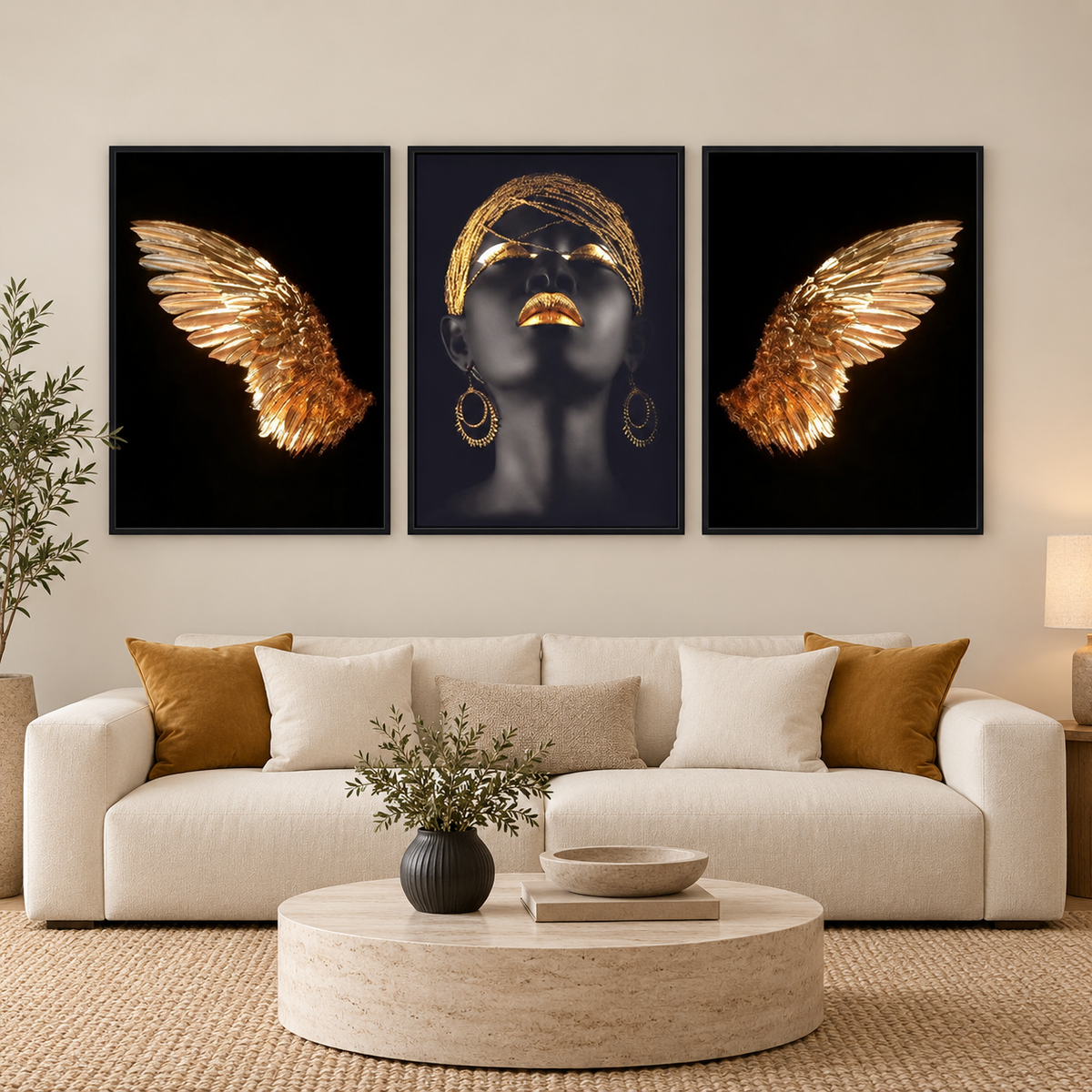 AFRICAN BOLD NORDIC TRIO ART – 3 PANEL SET — square premium interior mockup, complete full frame visible with safe margin