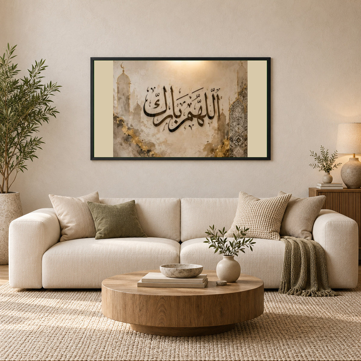 Allahumma Barik  calligraphy Wall Art Frame — square premium interior mockup, complete full frame visible with safe margin