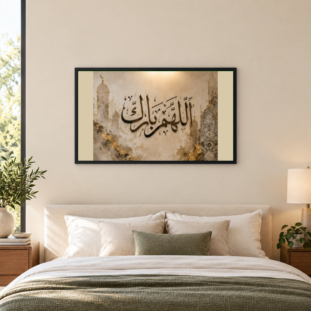 Allahumma Barik  calligraphy Wall Art Frame — square premium interior mockup, complete full frame visible with safe margin