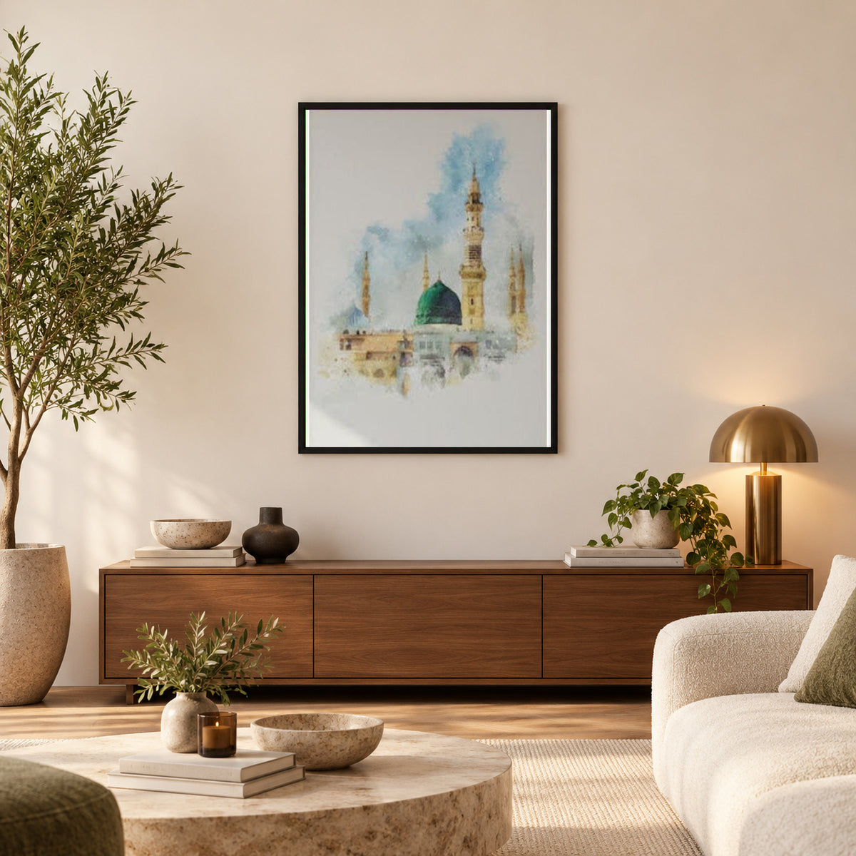 Al-masjid An-nabawi Painting style  | Wall Art — square premium interior mockup, complete full frame visible with safe margin