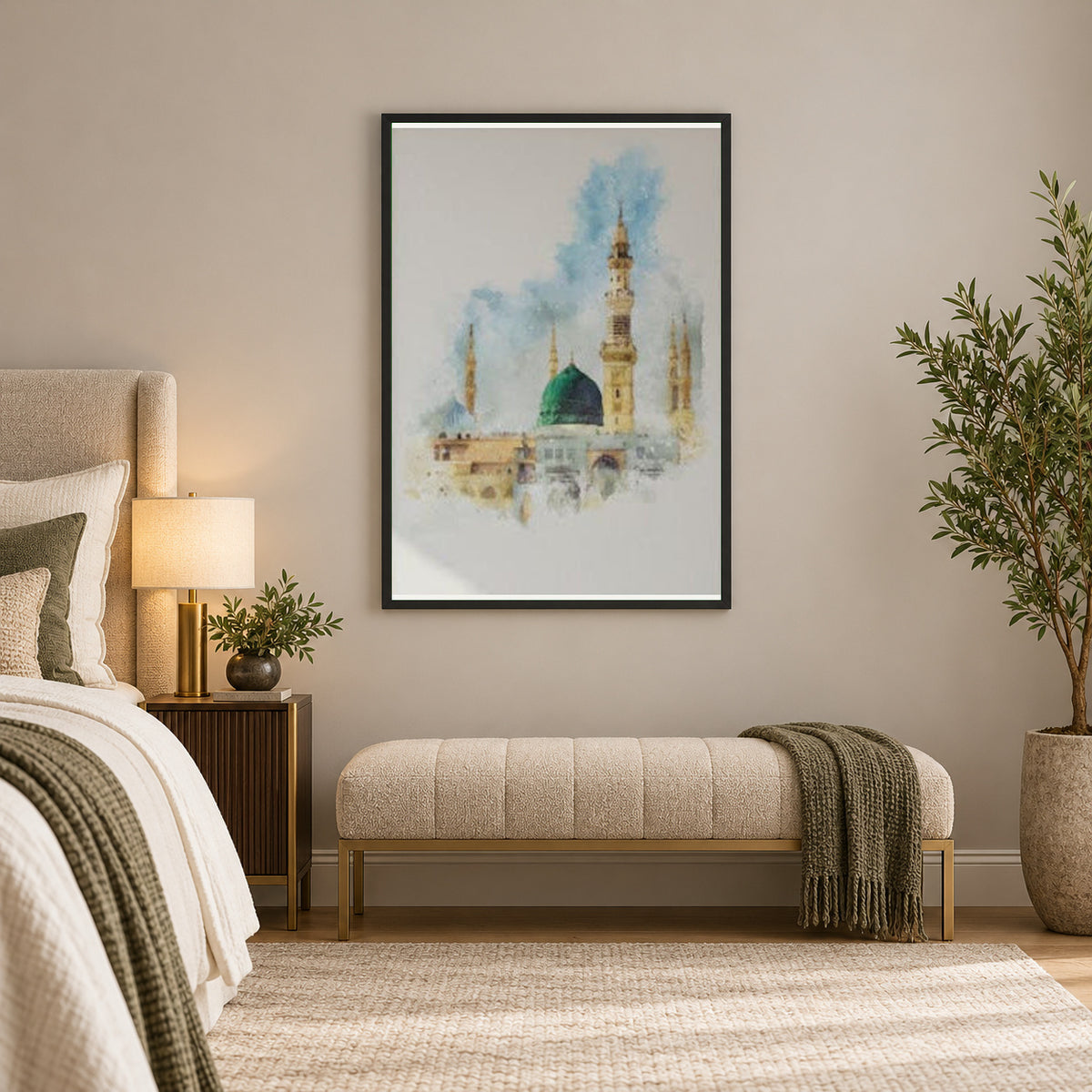 Al-masjid An-nabawi Painting style  | Wall Art — square premium interior mockup, complete full frame visible with safe margin