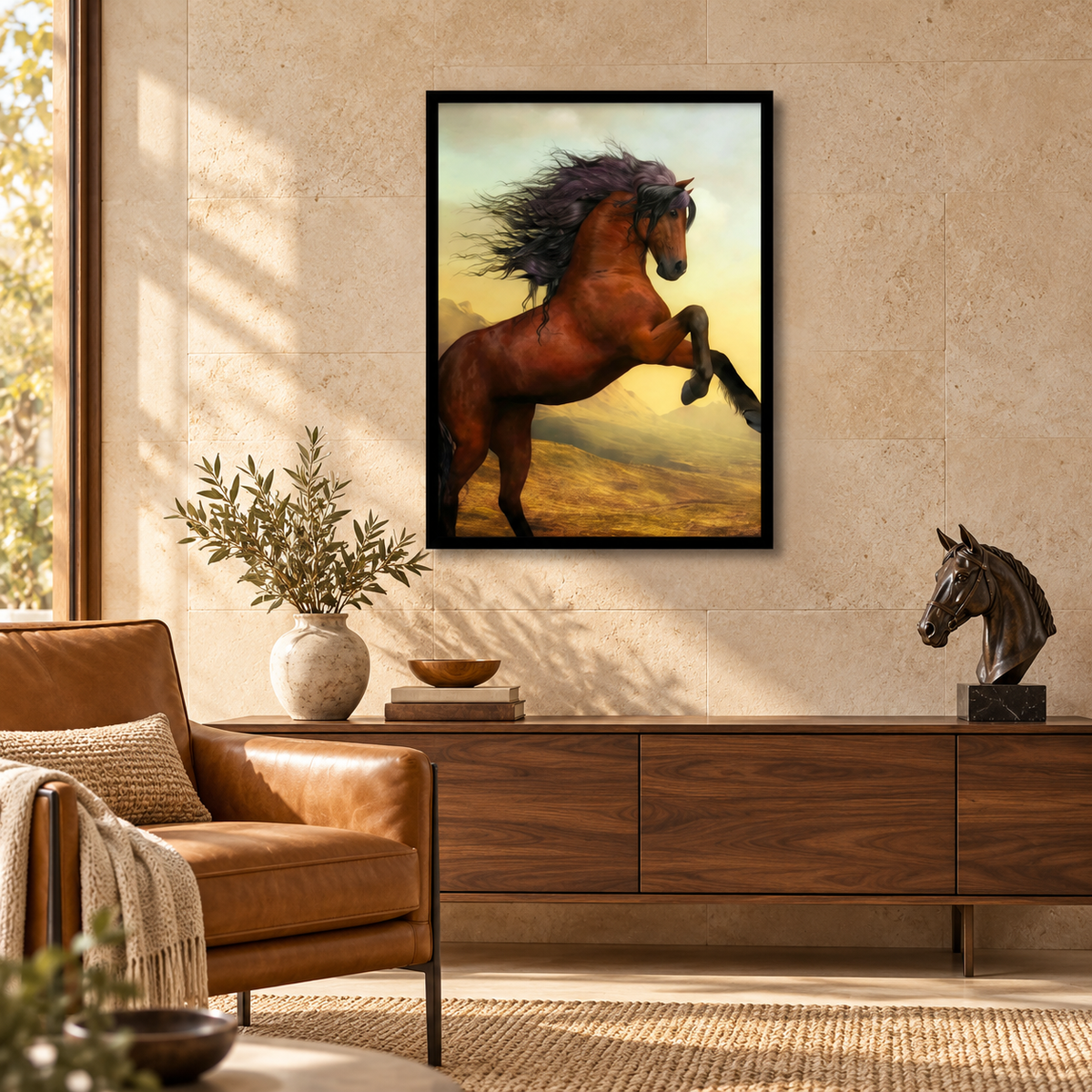Arabian Horse Canvas Frame | Wall Art — square premium interior mockup, complete full frame visible with safe margin