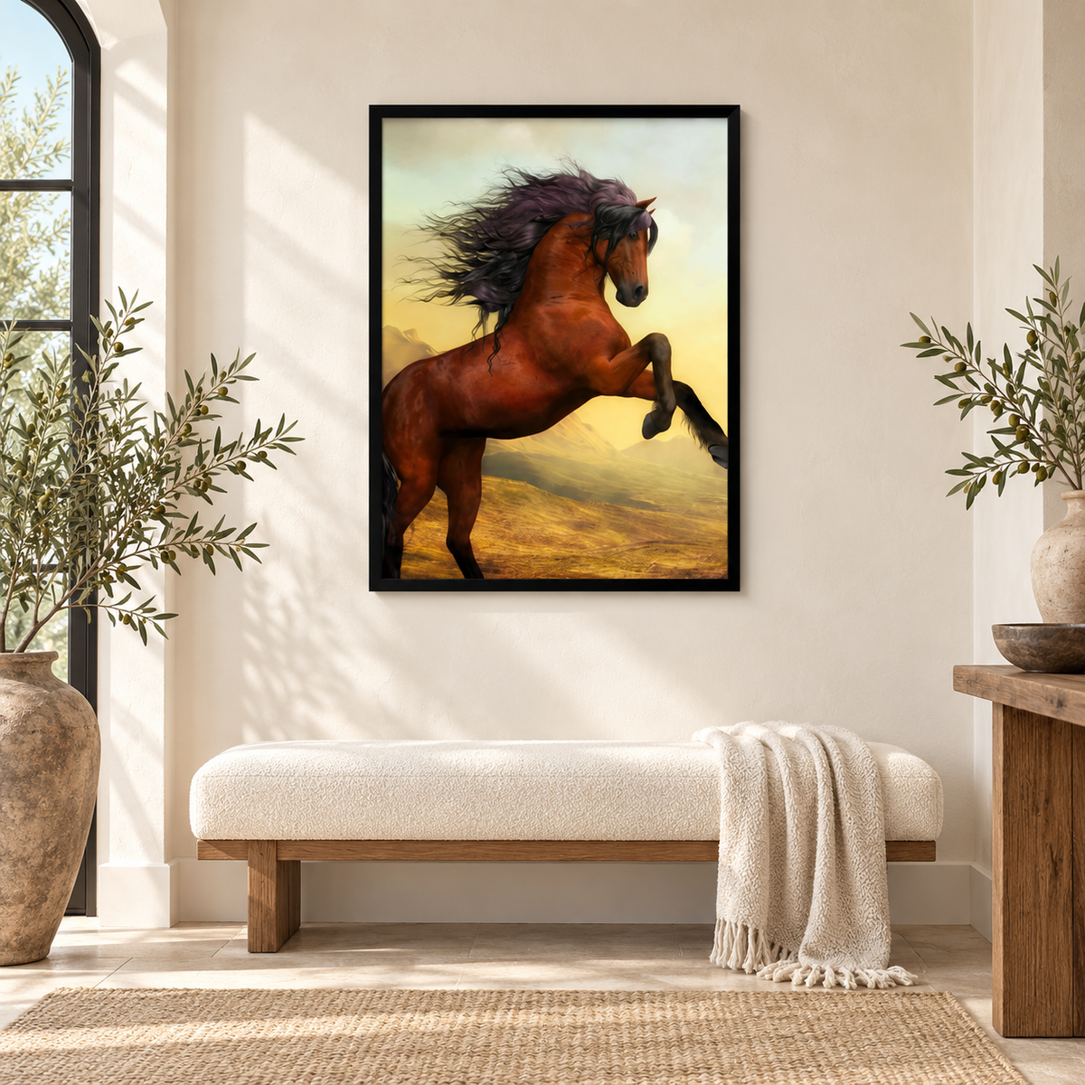 Arabian Horse Canvas Frame | Wall Art — square premium interior mockup, complete full frame visible with safe margin