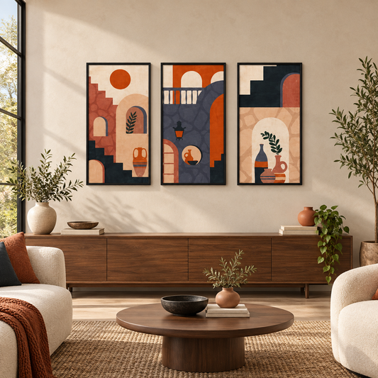 Abstract Architecture (3panel) | Wall Art — square premium interior mockup, complete full frame visible with safe margin