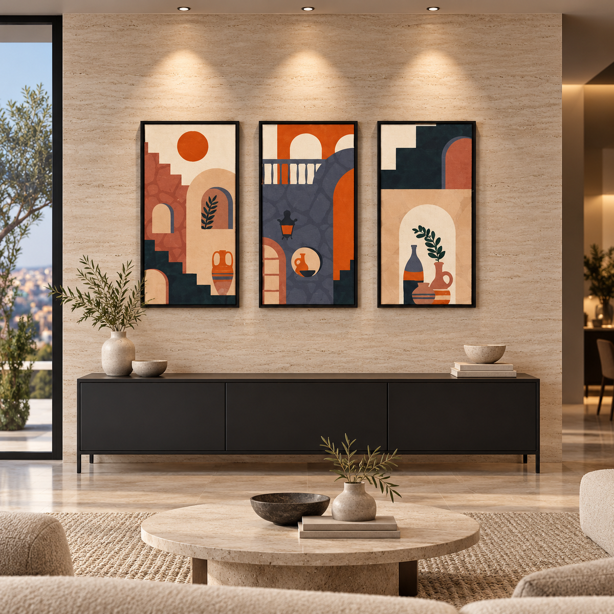 Abstract Architecture (3panel) | Wall Art — square premium interior mockup, complete full frame visible with safe margin