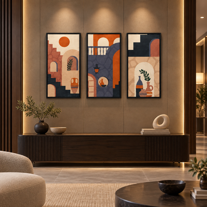 Abstract Architecture (3panel) | Wall Art — square premium interior mockup, complete full frame visible with safe margin