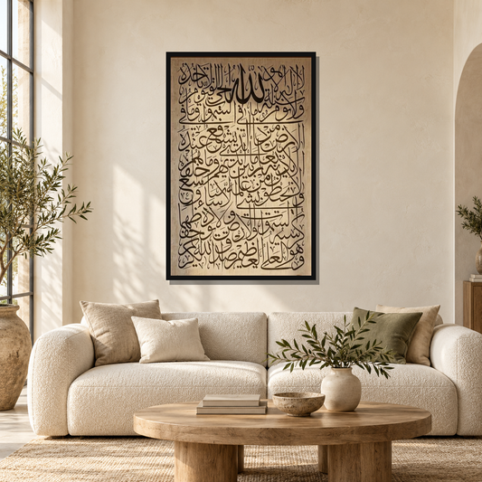 Ayat-ul-Kursi Islamic Calligraphy — square premium interior mockup, complete full frame visible with safe margin