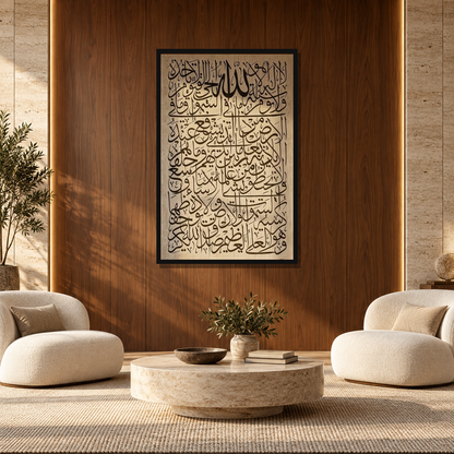 Ayat-ul-Kursi Islamic Calligraphy — square premium interior mockup, complete full frame visible with safe margin