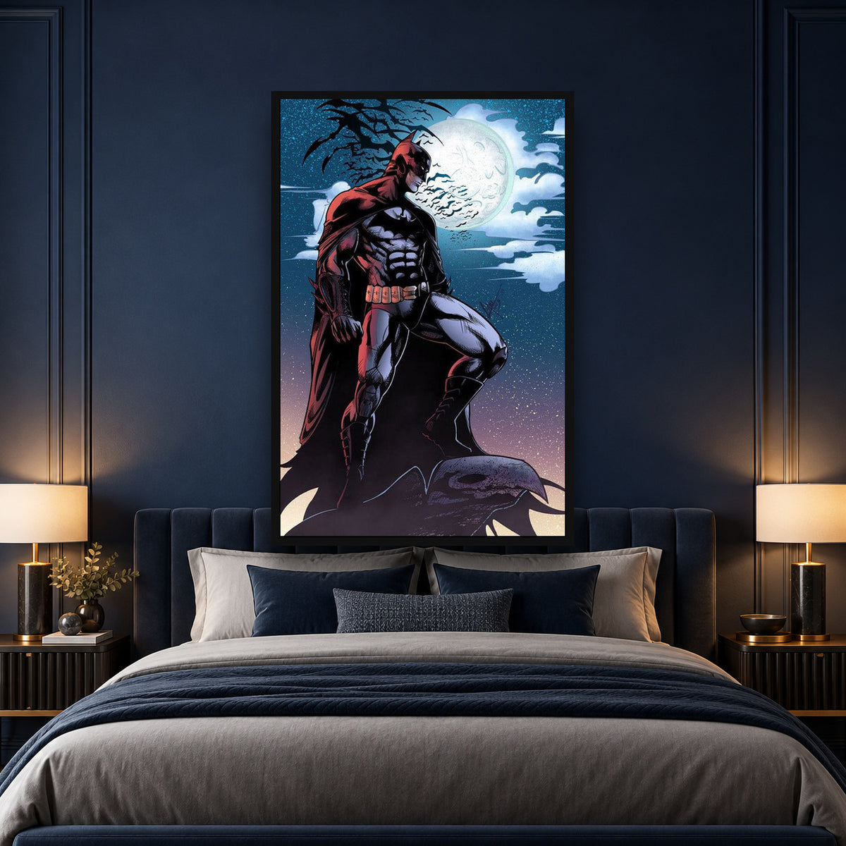 Batman in Moon Night Wall Art — square premium interior mockup, complete full frame visible with safe margin