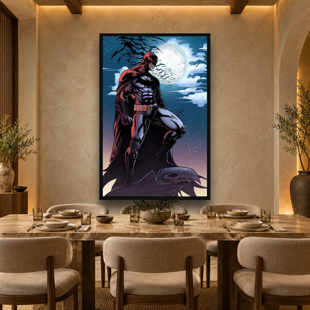 Batman in Moon Night Wall Art — square premium interior mockup, complete full frame visible with safe margin