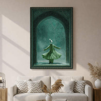 Whirling dervish in serene living room