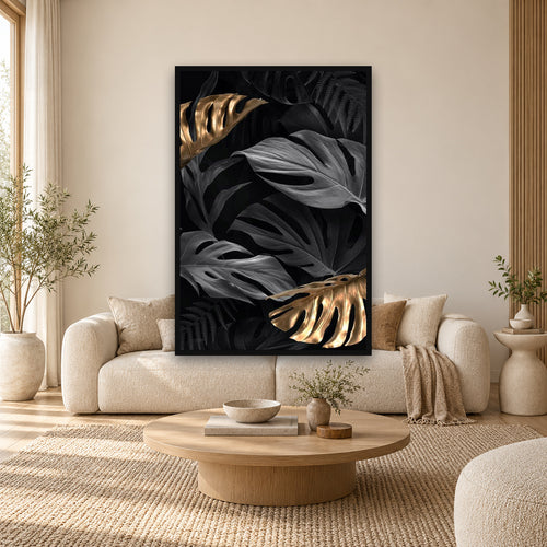 Black Gold Leaves | Wall Art — square full-frame-safe premium interior mockup 01