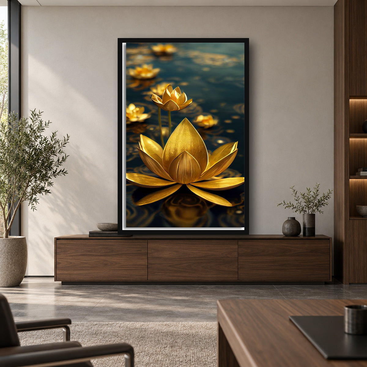 canvasgolden lotus rose blooms wall art square premium interior mockup 1