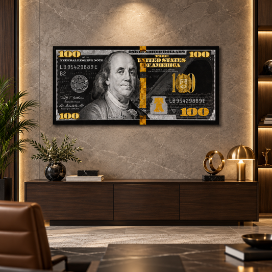 100 Dollar Bill Black & Gold Money Art Panoramic Canvas Poster Print Art Décor — square premium interior mockup, complete full frame visible with safe margin