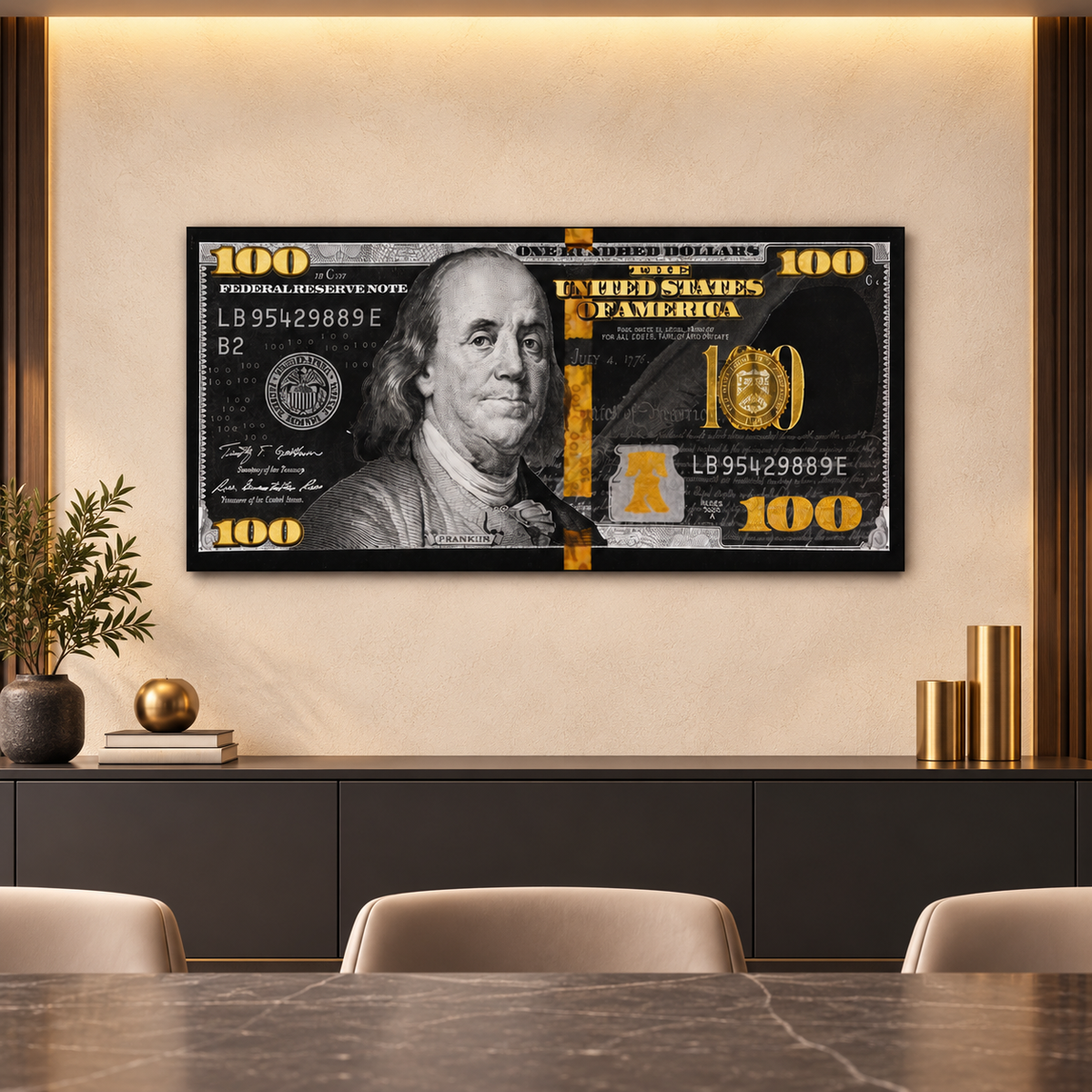 100 Dollar Bill Black & Gold Money Art Panoramic Canvas Poster Print Art Décor — square premium interior mockup, complete full frame visible with safe margin