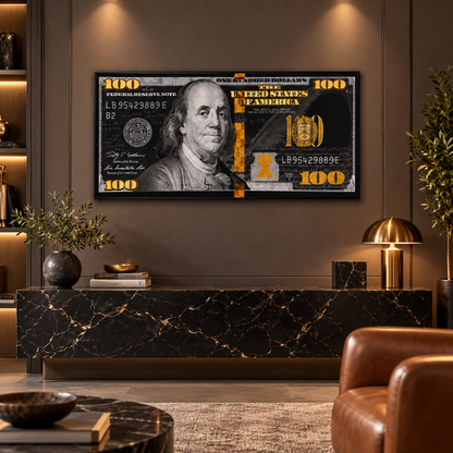 100 Dollar Bill Black & Gold Money Art Panoramic Canvas Poster Print Art Décor — square premium interior mockup, complete full frame visible with safe margin