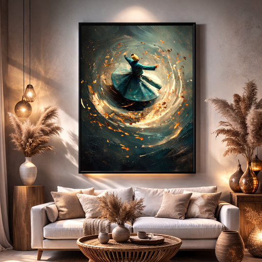 Whirling dervish in serene living room