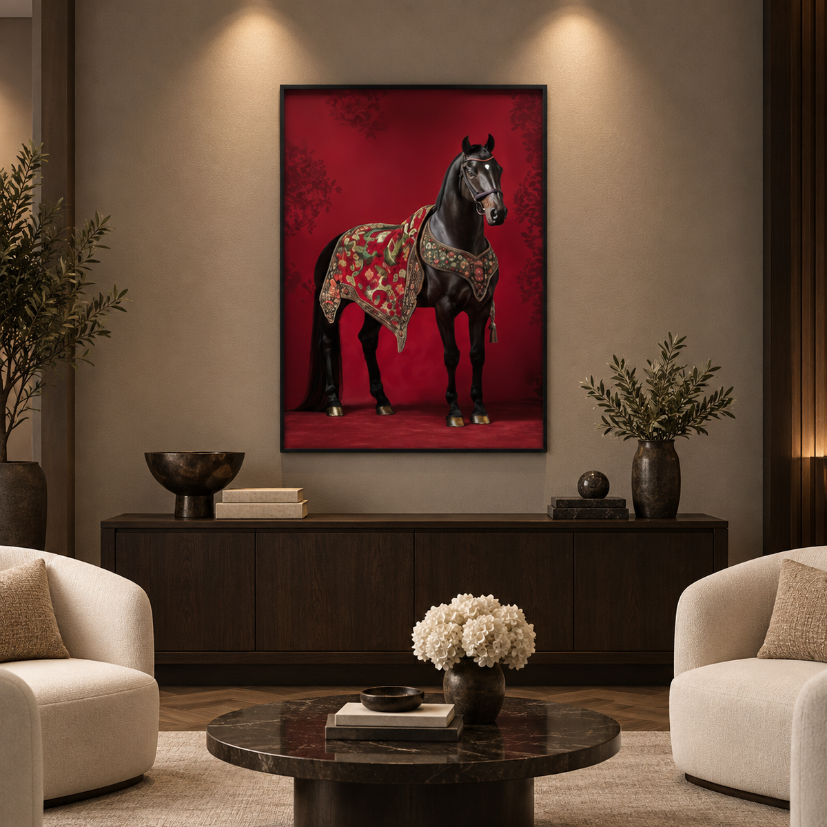 The Royal Stallion Single Wall art — square premium interior mockup 3, full frame visible