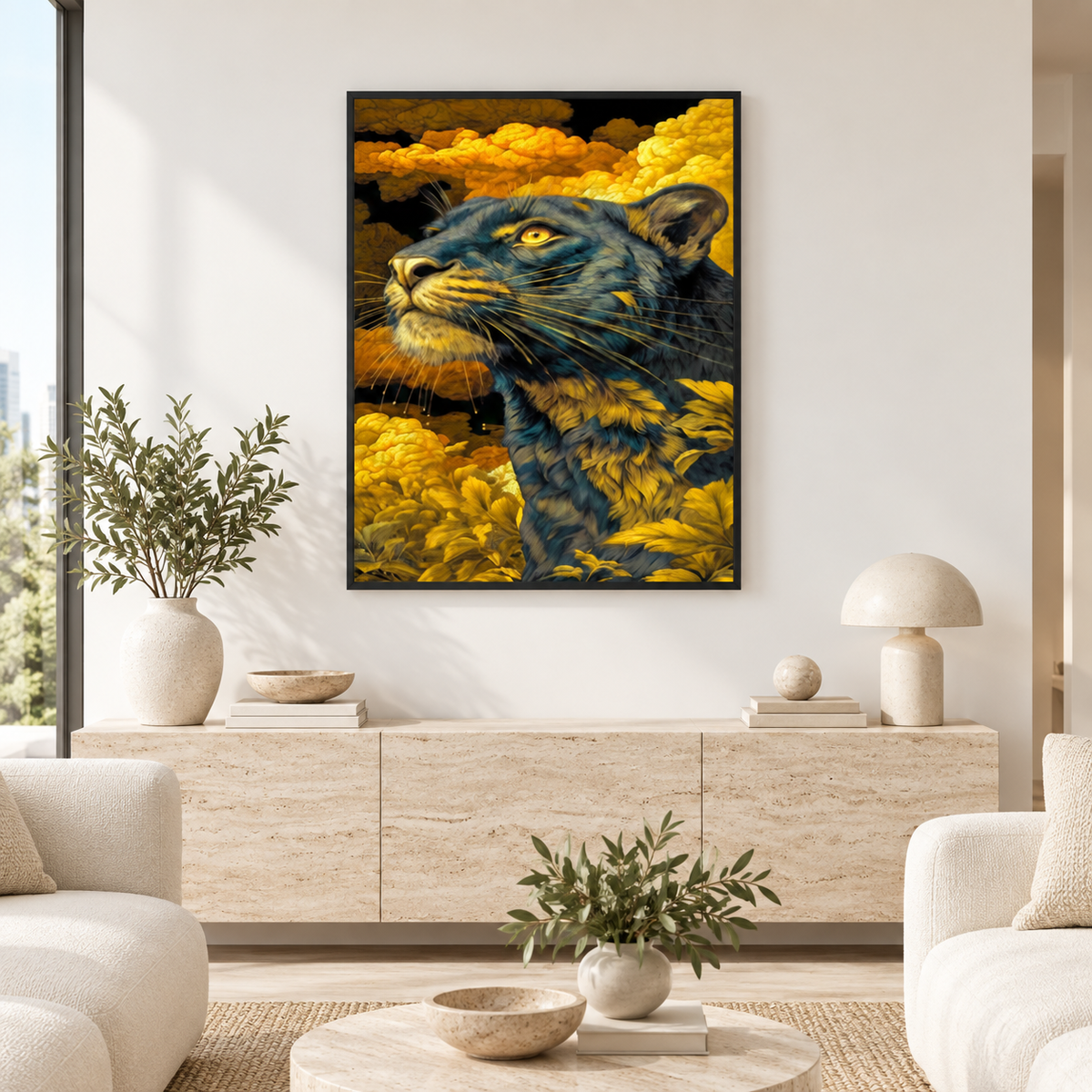 The Golden Gaze Single Wall art — square premium interior mockup 2, full frame visible