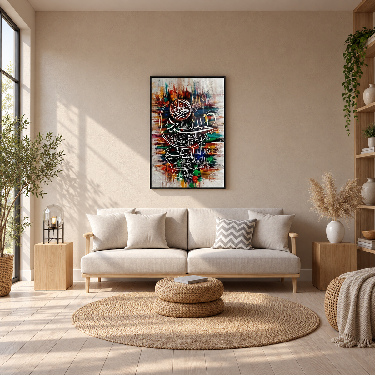 Surah E Fateh Calligraphy Art Islamic Calligraphy | Wall Art — square premium living room mockup, full frame visible