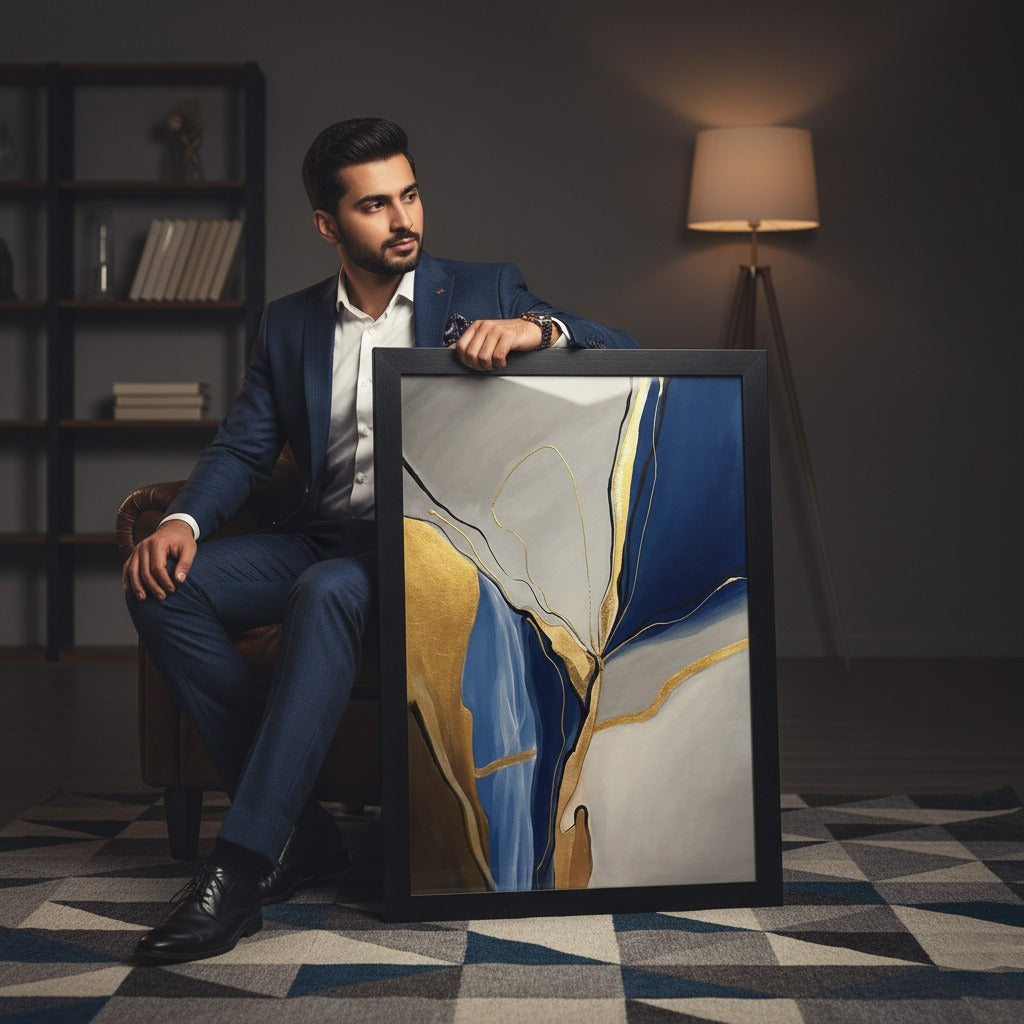 Blue Beige Gold Abstract Painting | Wall Art